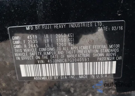 2016 Subaru Legacy 2.5I Premium z USA, uszkodzony, nr VIN 4S3BNBC67G3040591